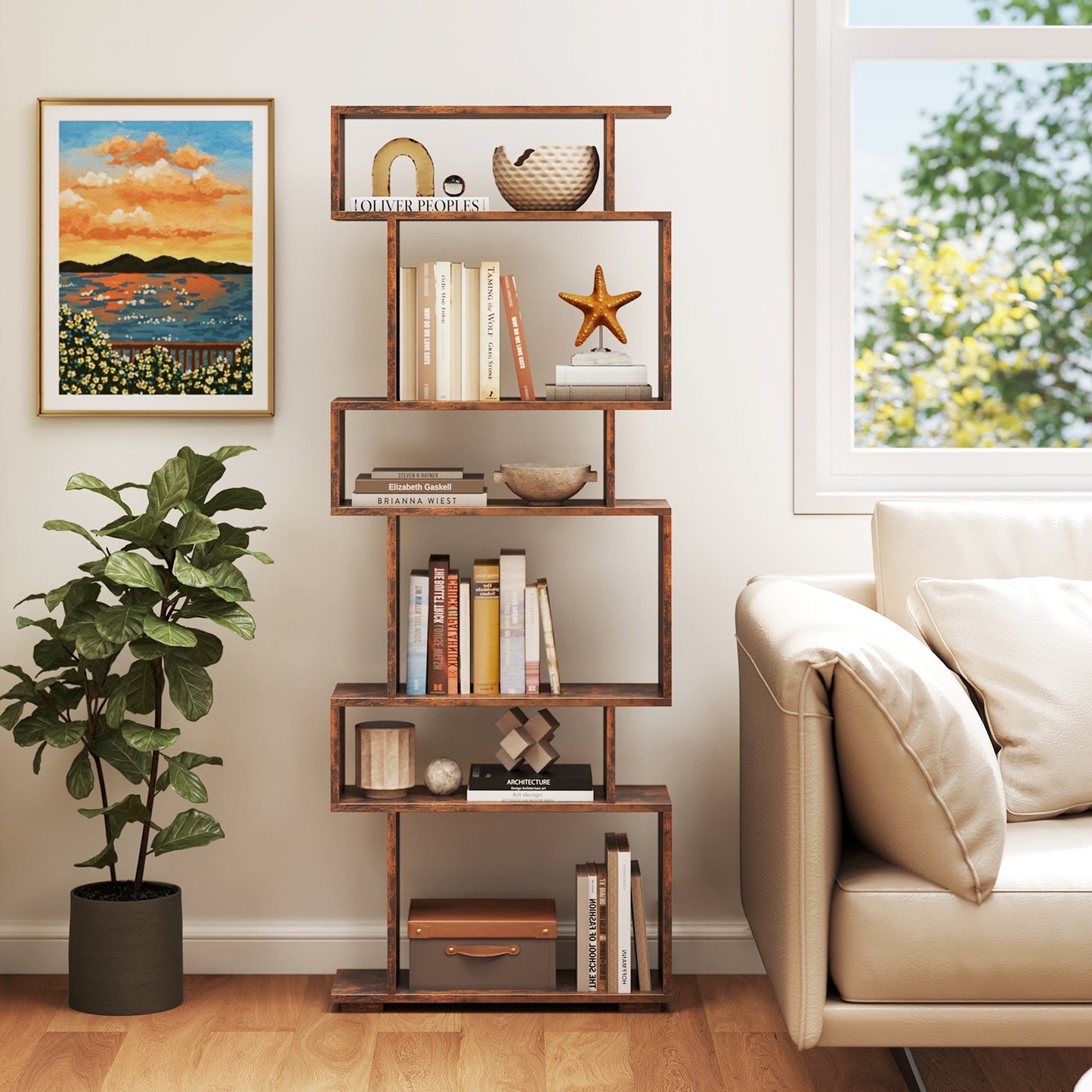 6-Tier Geometric Bookshelf with 2 Anti-Tipping Kits for Home Office-Brown Kids Crystal