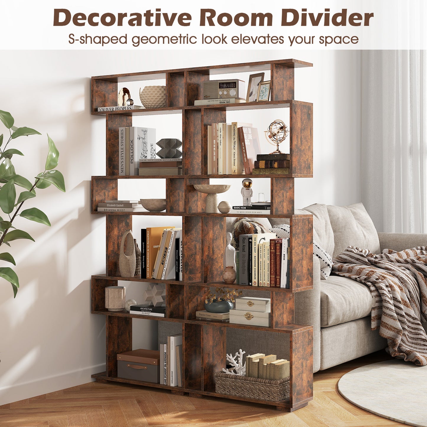 6-Tier Geometric Bookshelf with 2 Anti-Tipping Kits for Home Office-Brown Kids Crystal