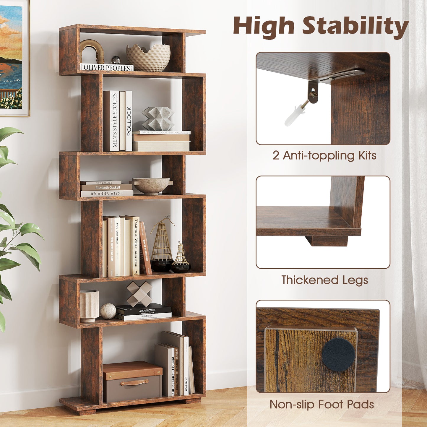 6-Tier Geometric Bookshelf with 2 Anti-Tipping Kits for Home Office-Brown Kids Crystal