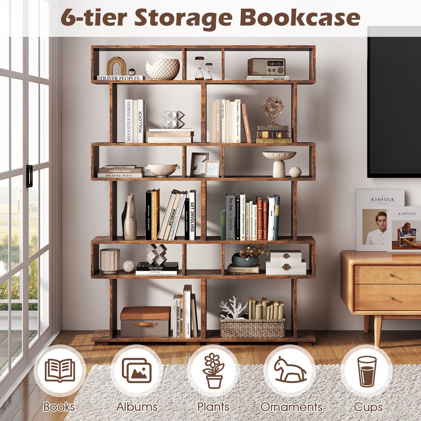 6-Tier Geometric Bookshelf with 2 Anti-Tipping Kits for Home Office-Brown Kids Crystal