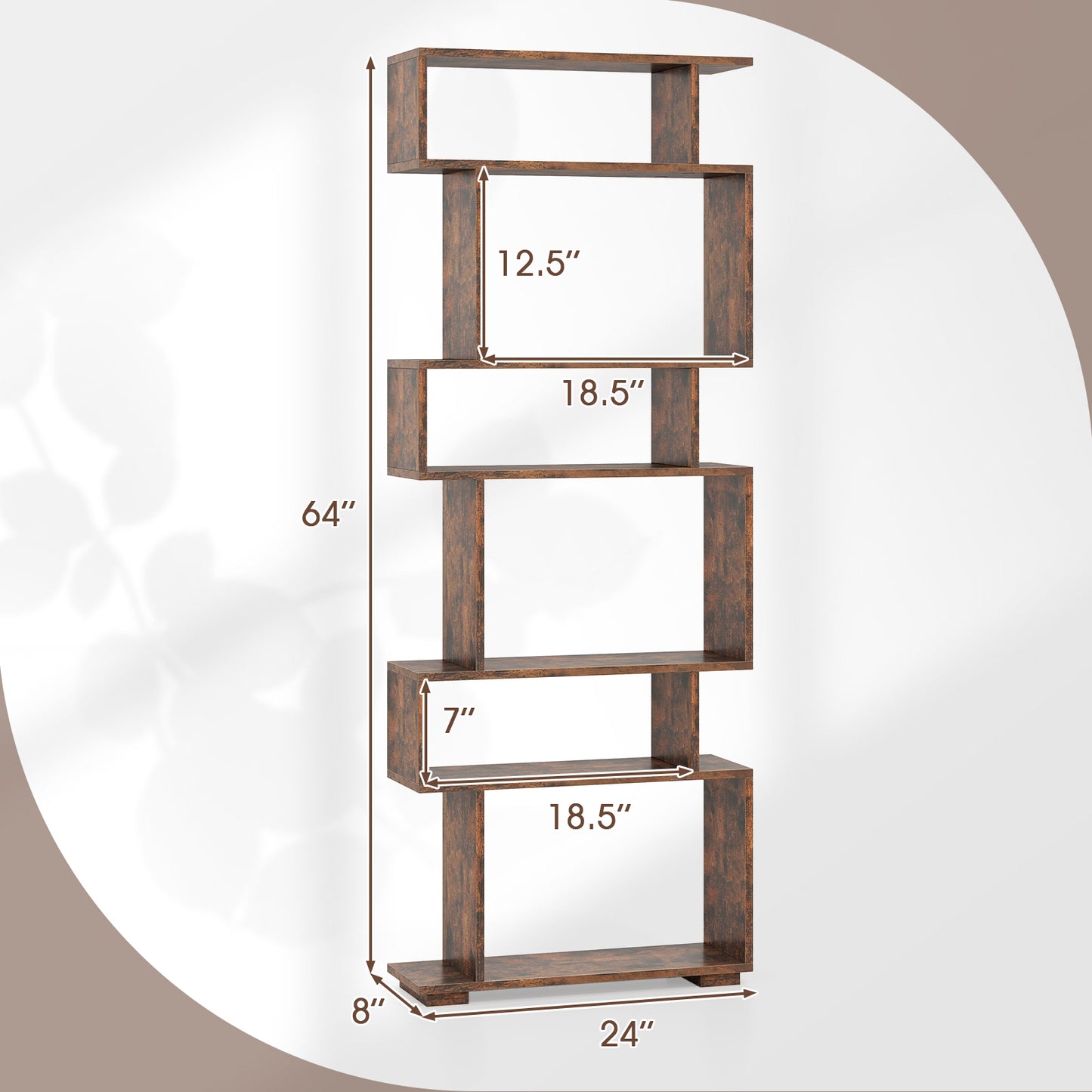 6-Tier Geometric Bookshelf with 2 Anti-Tipping Kits for Home Office-Brown Kids Crystal