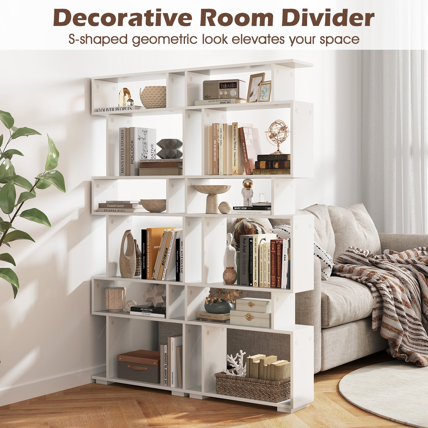 6-Tier Geometric Bookshelf with 2 Anti-Tipping Kits for Home Office-White