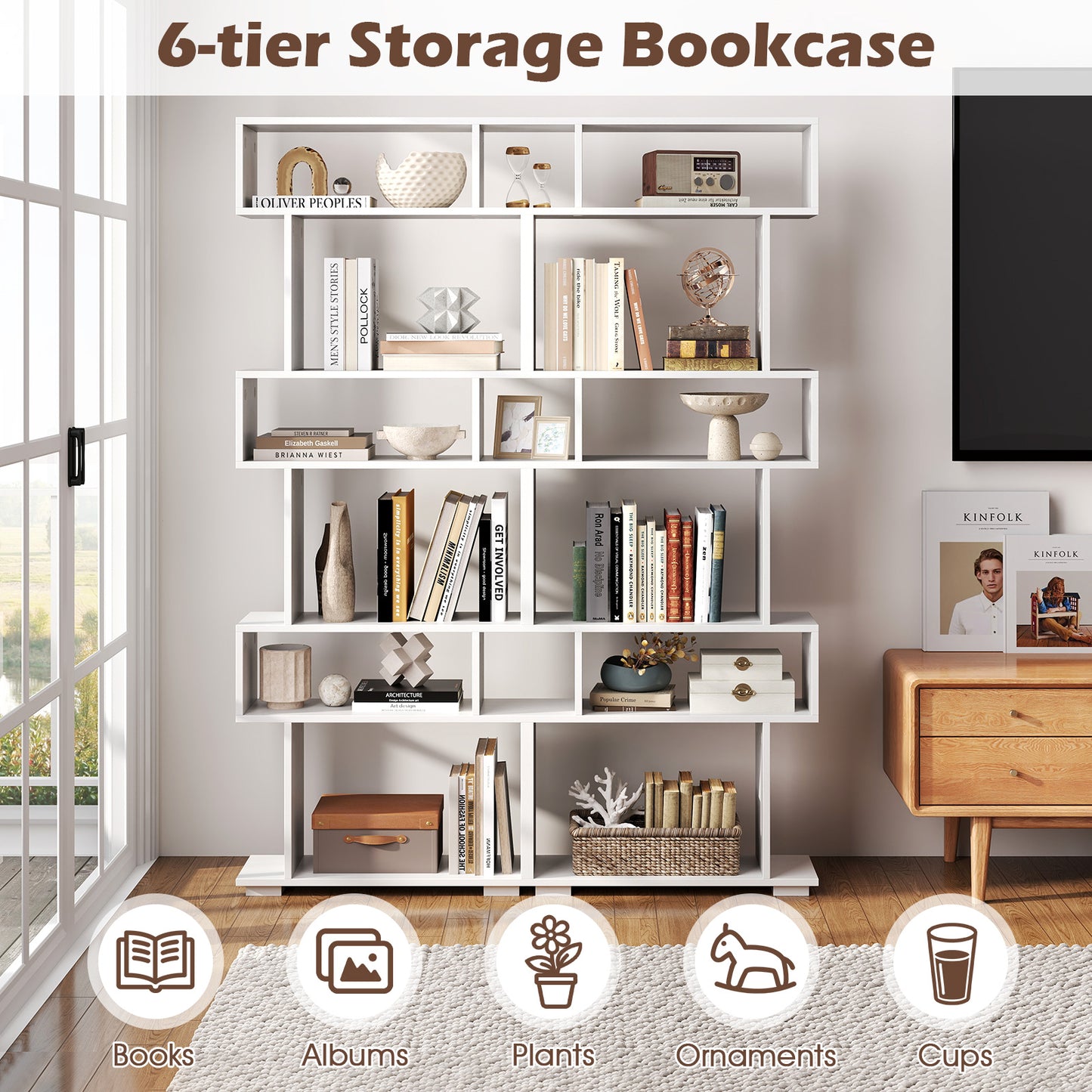 6-Tier Geometric Bookshelf with 2 Anti-Tipping Kits for Home Office-White