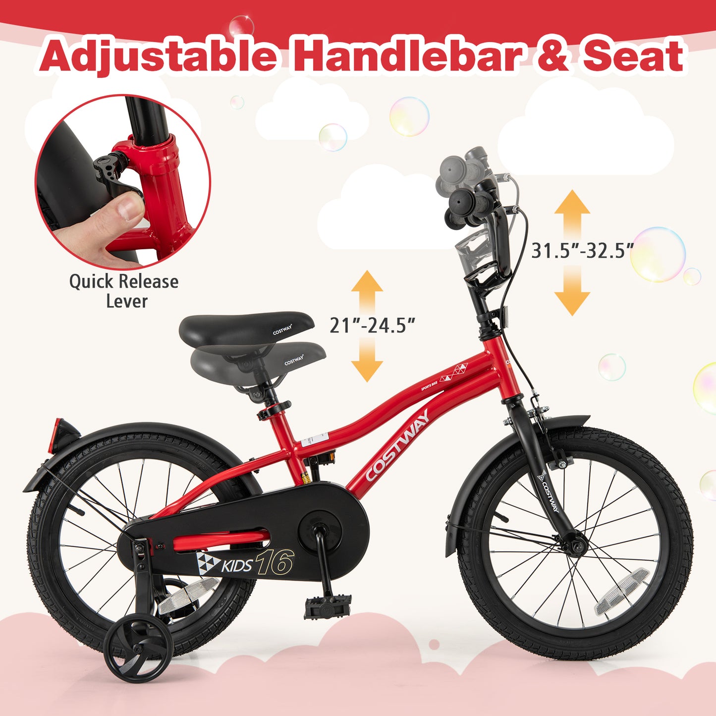16 Inch Kids Bike Adjustable Bicycle with Reflectors and Bell for 4-7 Years Old Kids Crystal