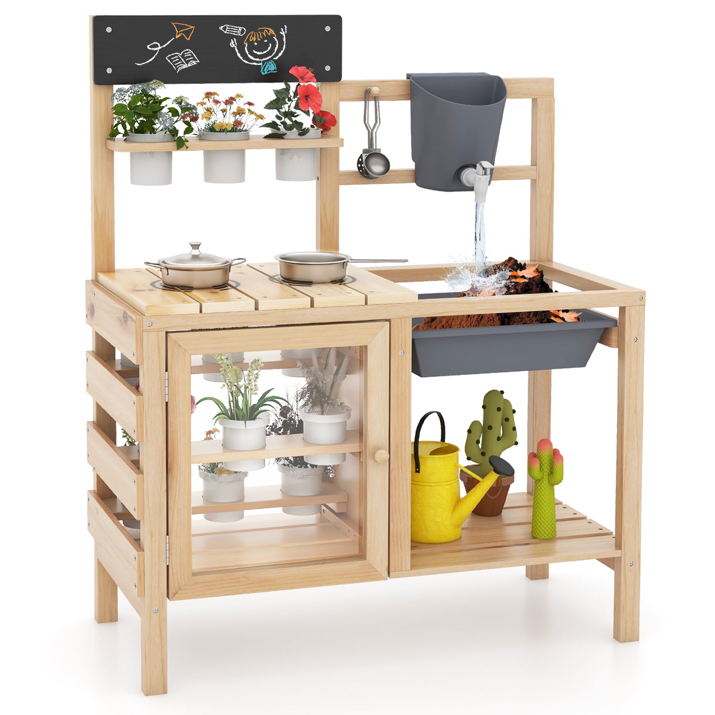 Mud Kitchen Playset with Sink and Plants Observation Room-Natural Kids Crystal