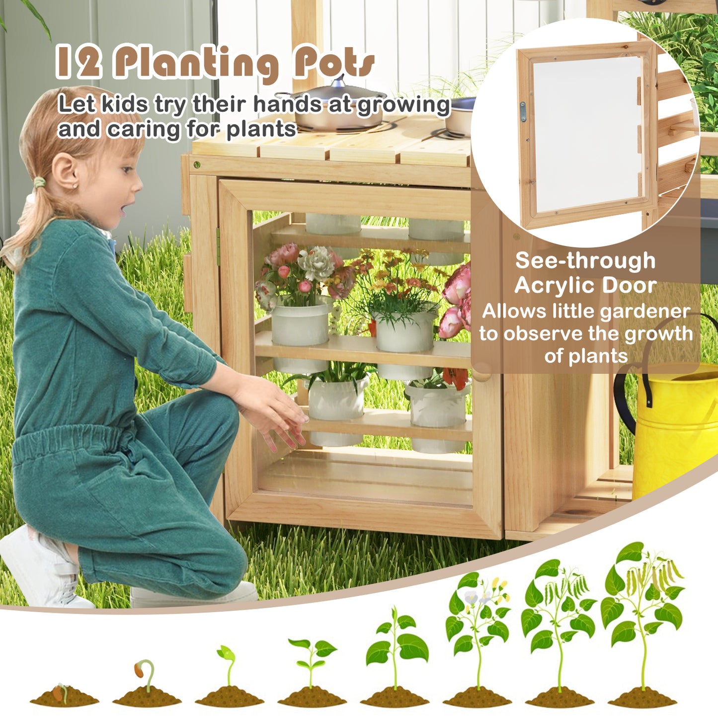 Mud Kitchen Playset with Sink and Plants Observation Room-Natural Kids Crystal