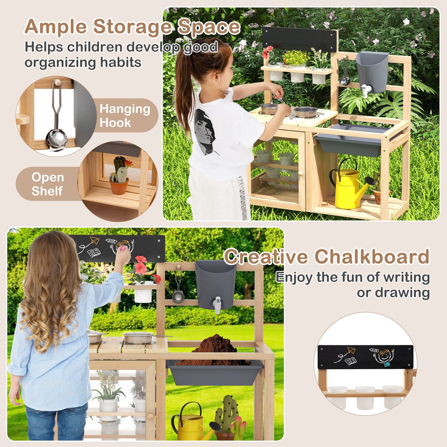 Mud Kitchen Playset with Sink and Plants Observation Room-Natural Kids Crystal