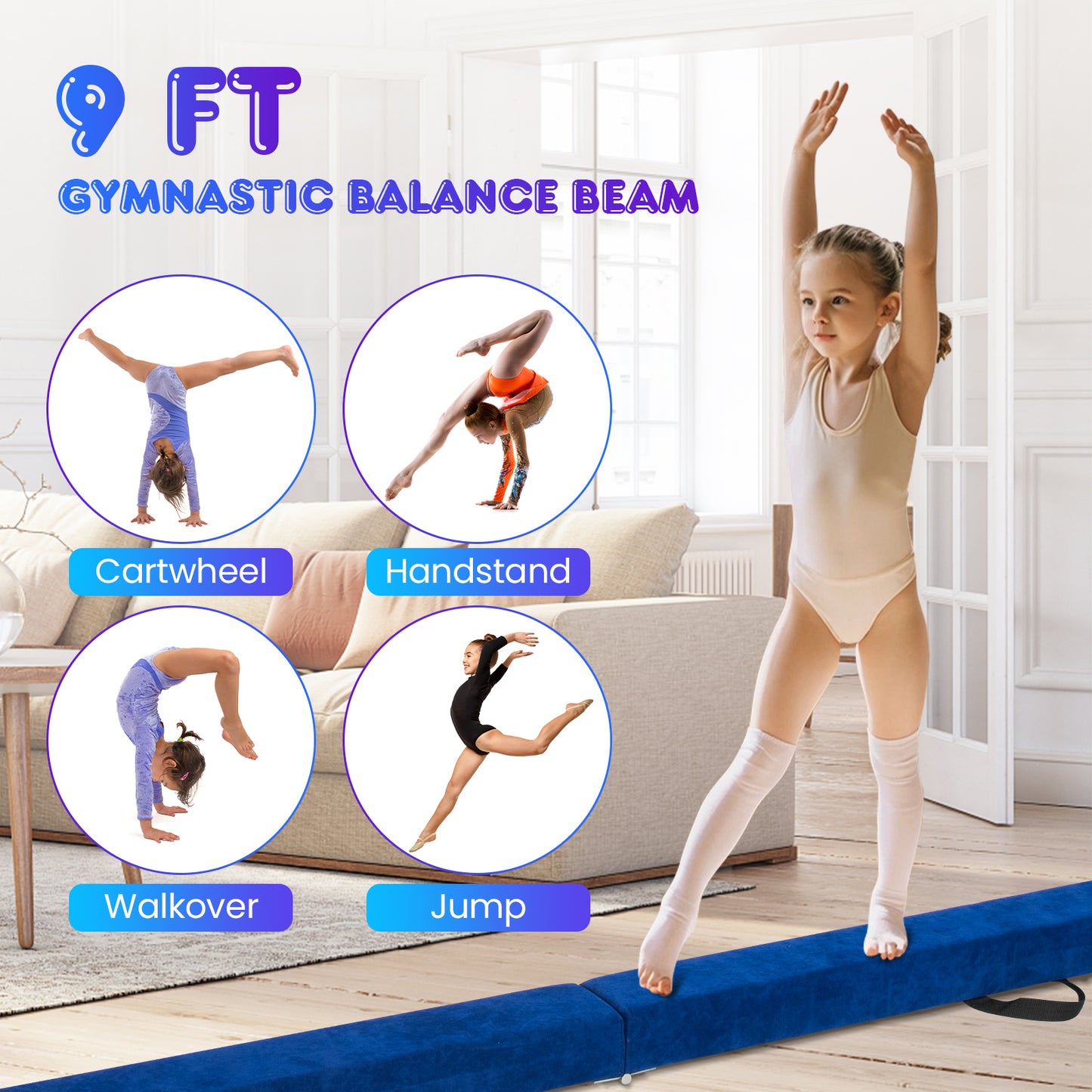9 FT Folding Gymnastics Balance Beam with Anti-slip Base and Pine Wood Frame-Blue