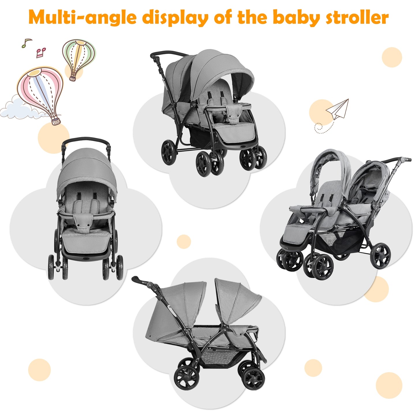 Foldable Lightweight Front Back Seats Double Baby Stroller-Gray Kids Crystal