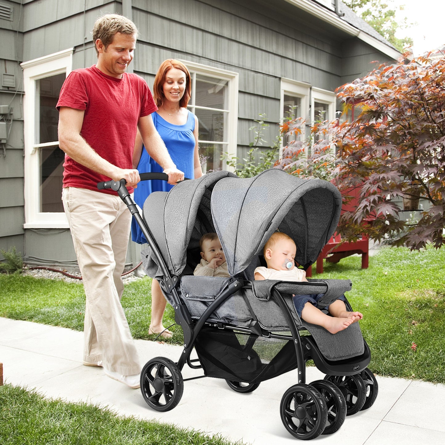 Foldable Lightweight Front Back Seats Double Baby Stroller-Gray Kids Crystal