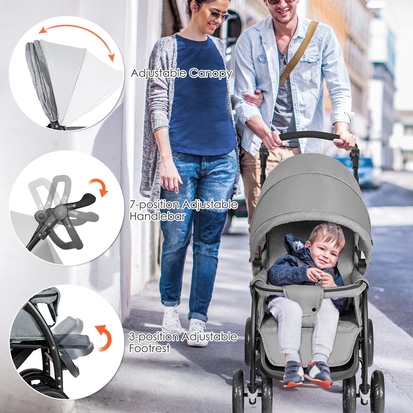 Foldable Lightweight Front Back Seats Double Baby Stroller-Gray Kids Crystal