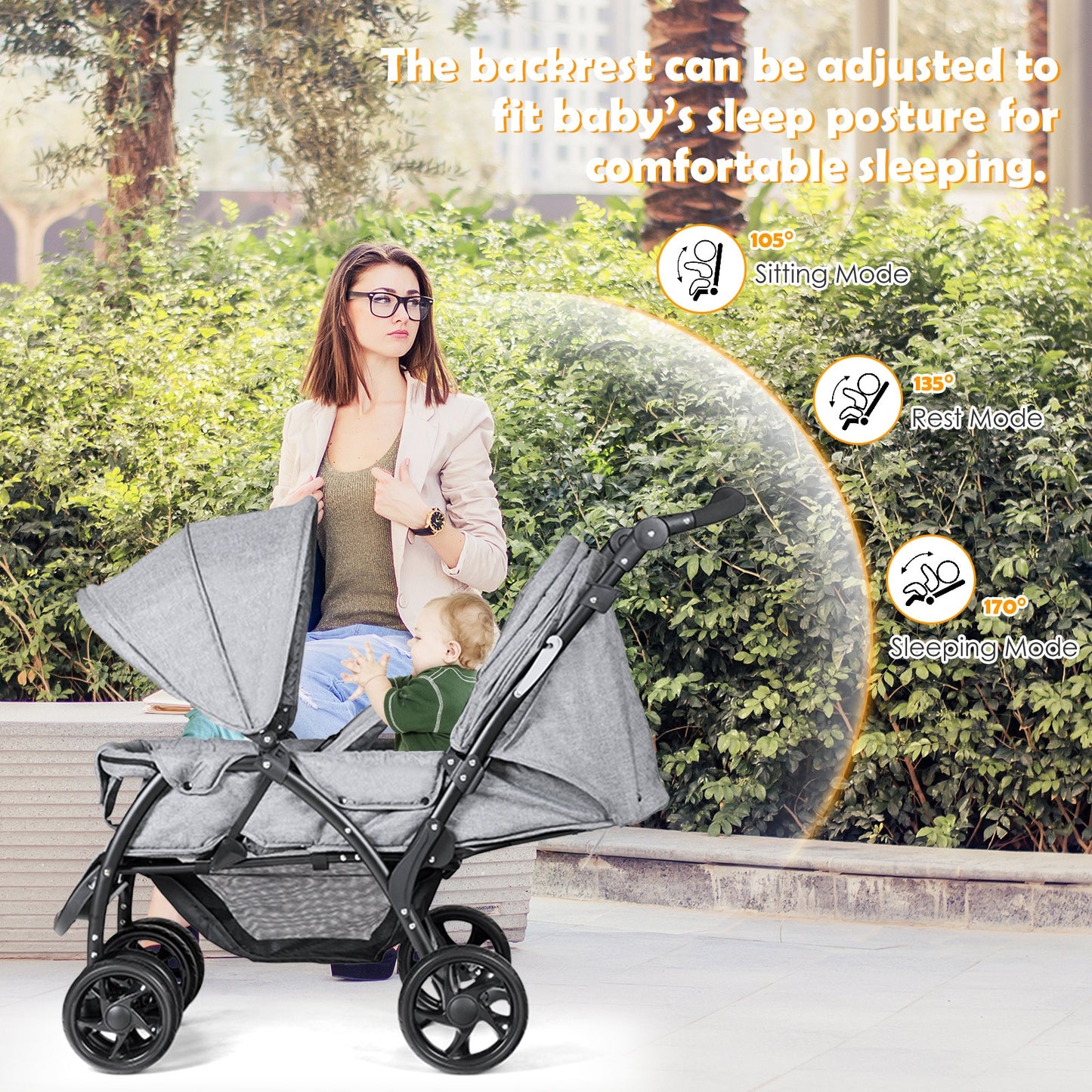 Foldable Lightweight Front Back Seats Double Baby Stroller-Gray Kids Crystal