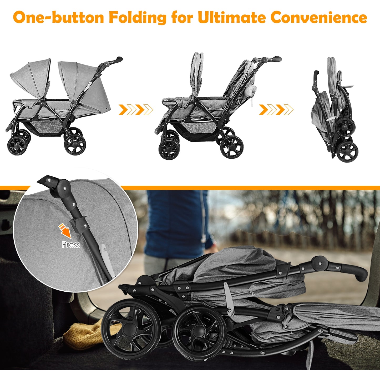 Foldable Lightweight Front Back Seats Double Baby Stroller-Gray Kids Crystal
