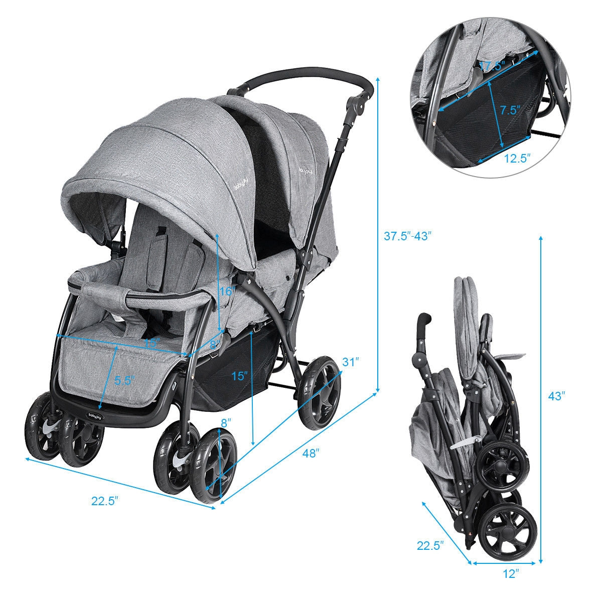 Foldable Lightweight Front Back Seats Double Baby Stroller-Gray Kids Crystal