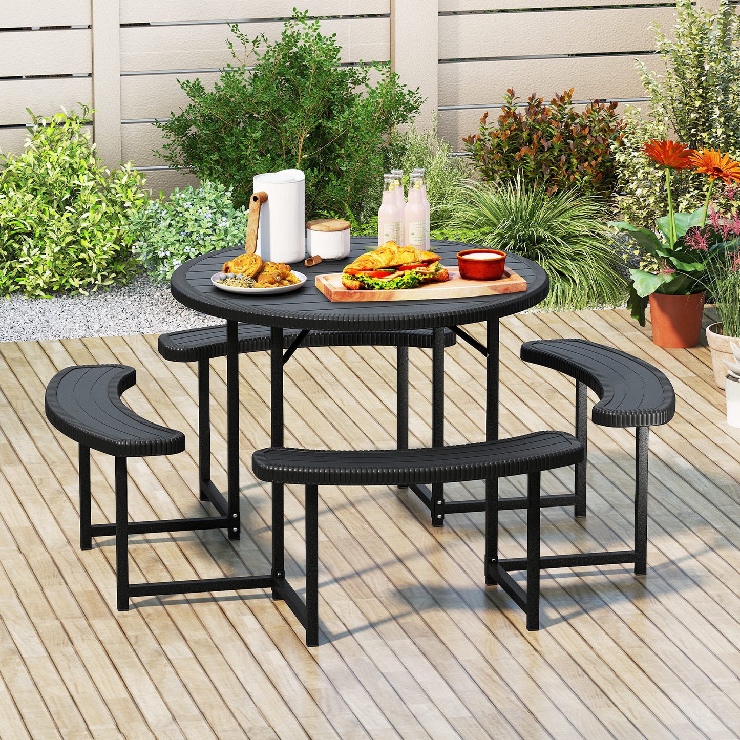 Round Picnic Table Bench Set with 4 Benches and Umbrella Hole for Patio Lawn-Black