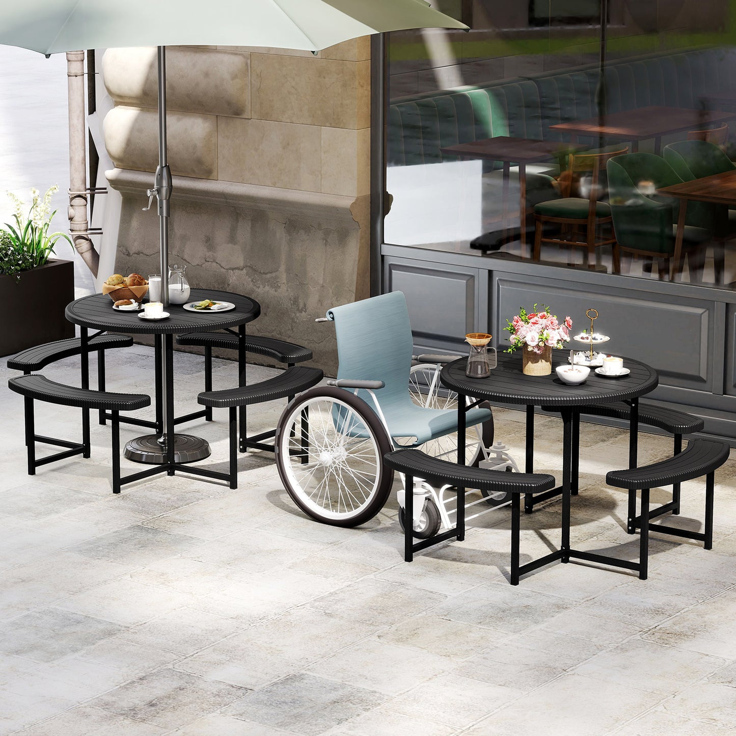 Round Picnic Table Bench Set with 4 Benches and Umbrella Hole for Patio Lawn-Black