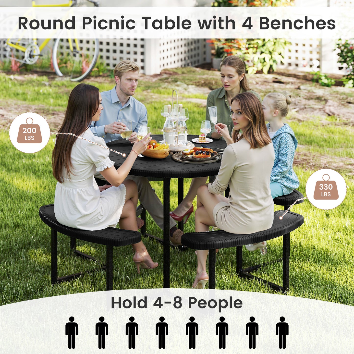 Round Picnic Table Bench Set with 4 Benches and Umbrella Hole for Patio Lawn-Black