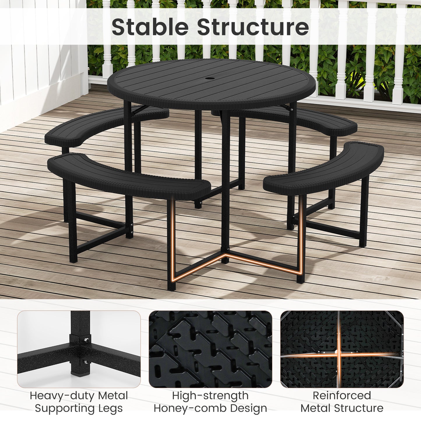 Round Picnic Table Bench Set with 4 Benches and Umbrella Hole for Patio Lawn-Black