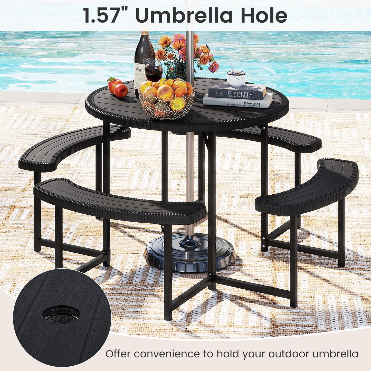 Round Picnic Table Bench Set with 4 Benches and Umbrella Hole for Patio Lawn-Black