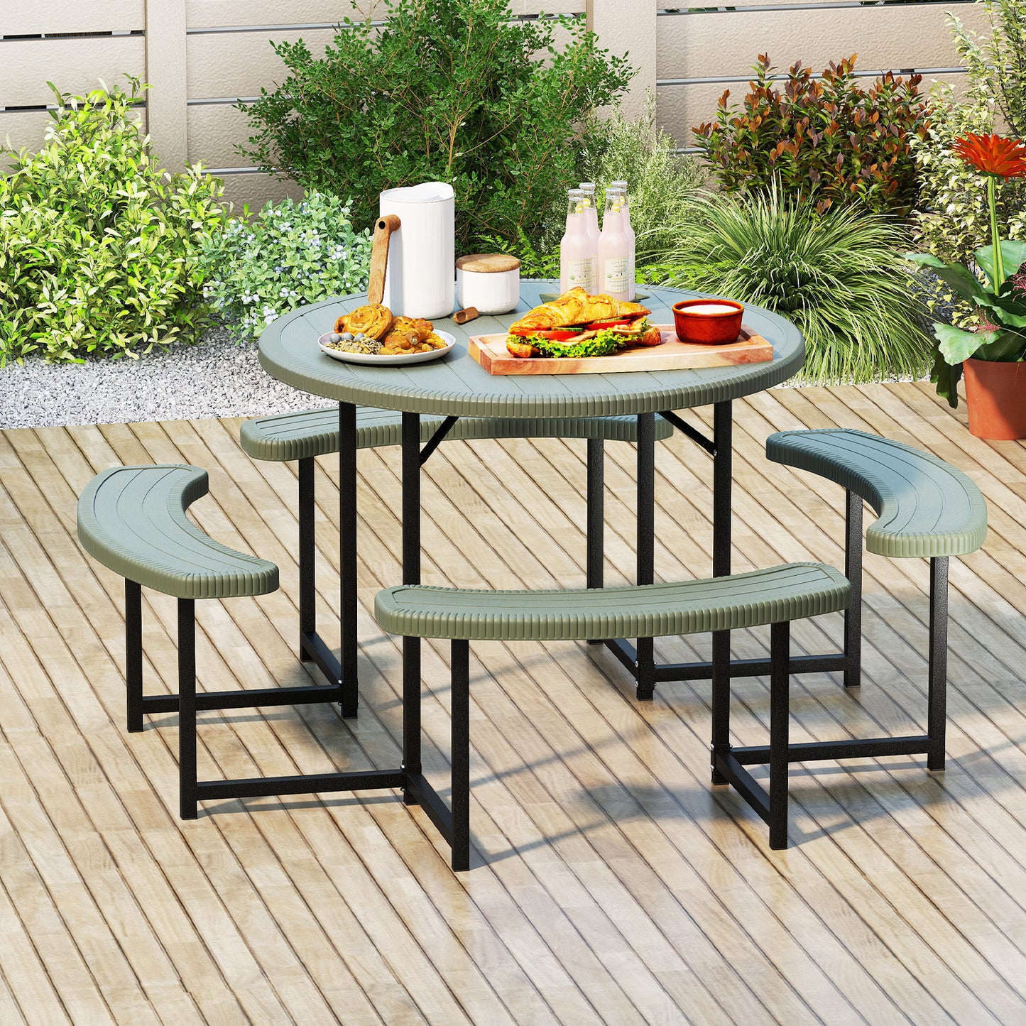 Round Picnic Table Bench Set with 4 Benches and Umbrella Hole for Patio Lawn-Green