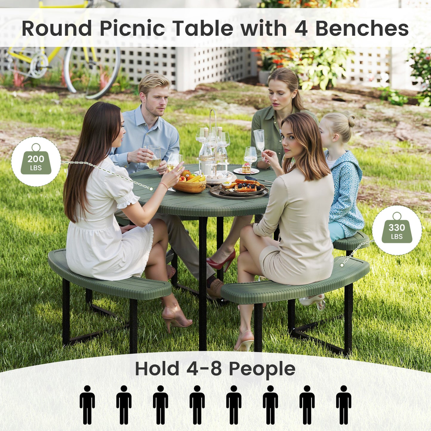 Round Picnic Table Bench Set with 4 Benches and Umbrella Hole for Patio Lawn-Green