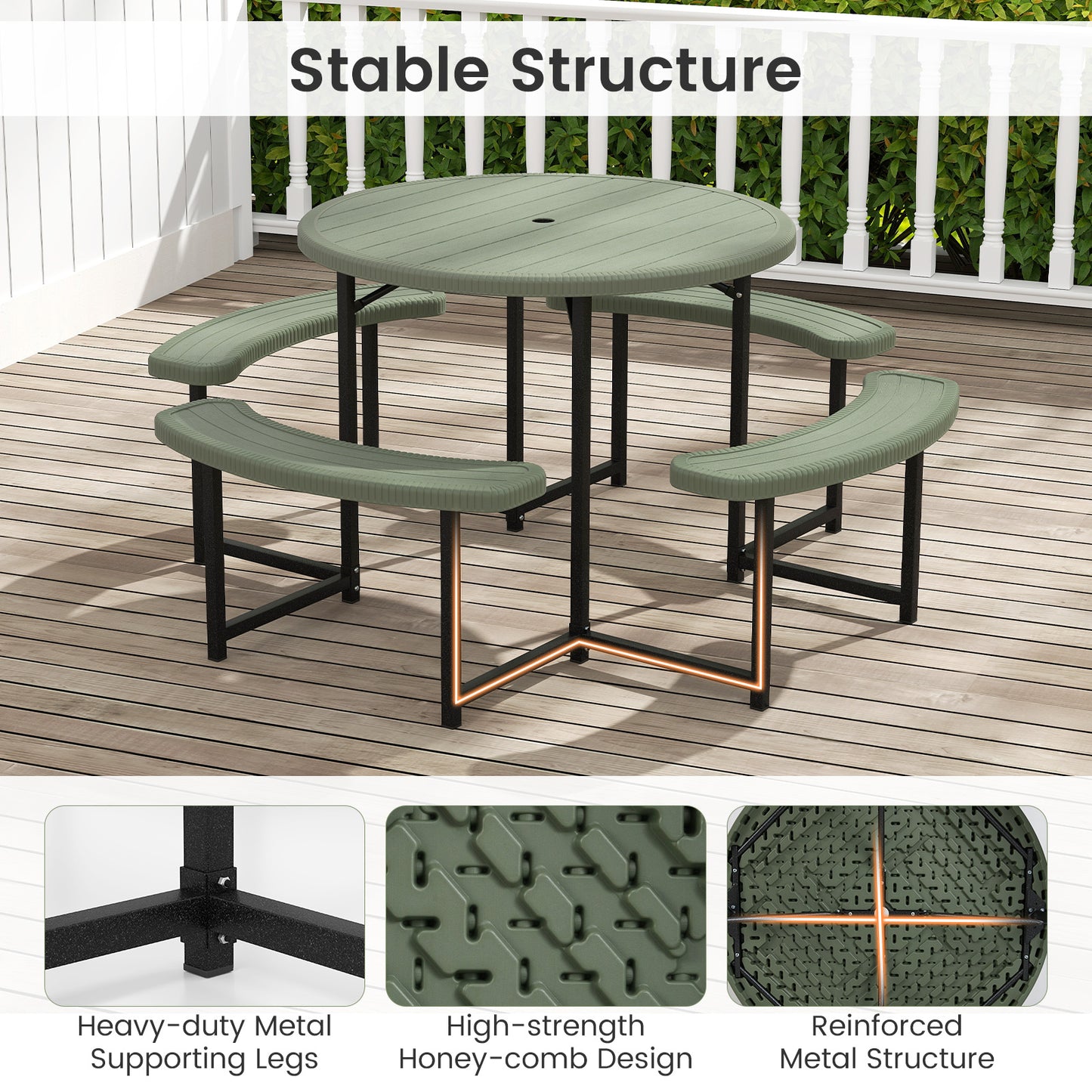 Round Picnic Table Bench Set with 4 Benches and Umbrella Hole for Patio Lawn-Green