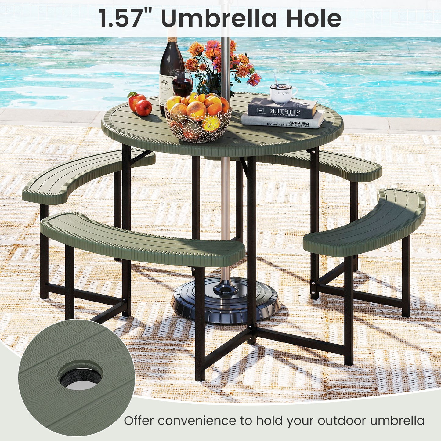 Round Picnic Table Bench Set with 4 Benches and Umbrella Hole for Patio Lawn-Green