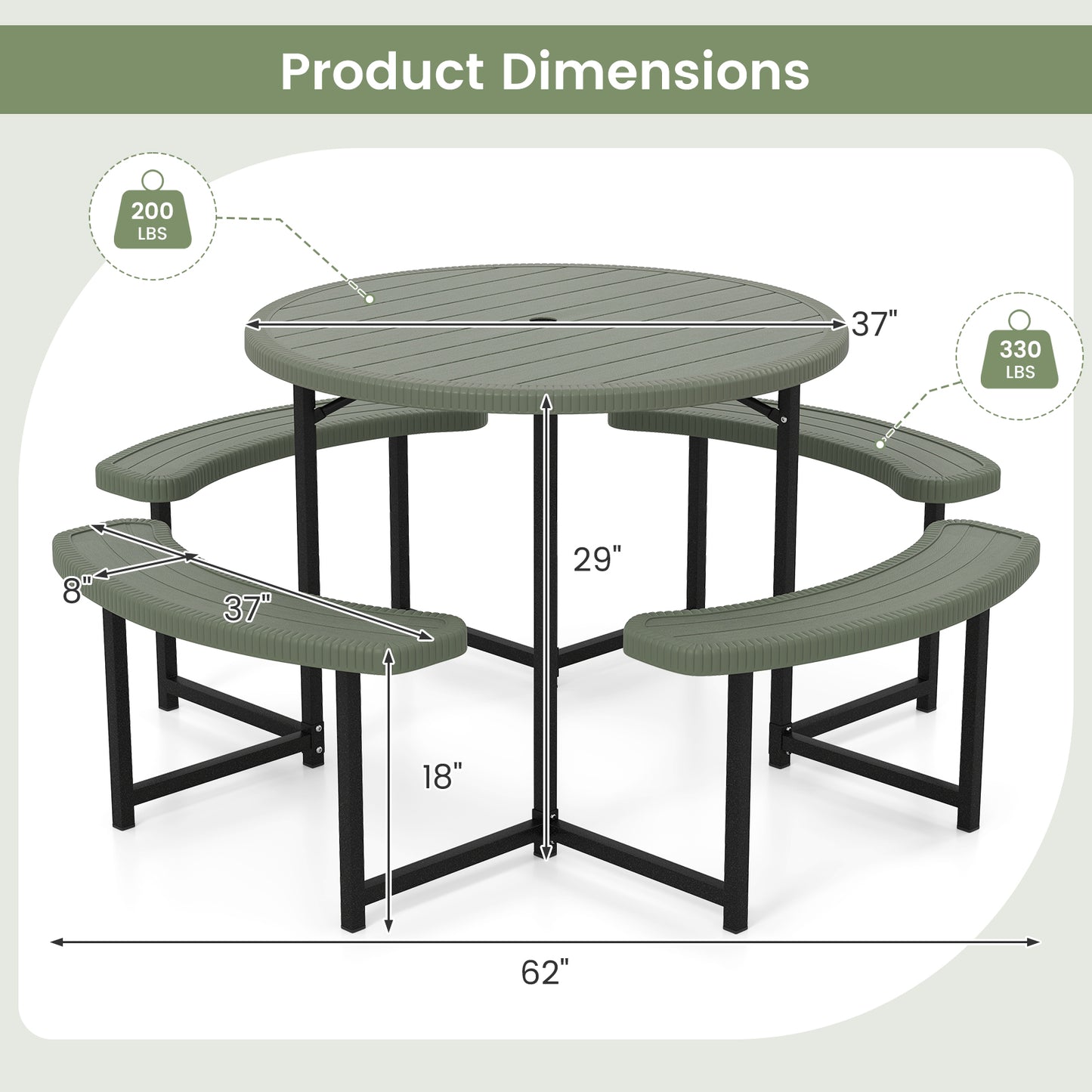 Round Picnic Table Bench Set with 4 Benches and Umbrella Hole for Patio Lawn-Green