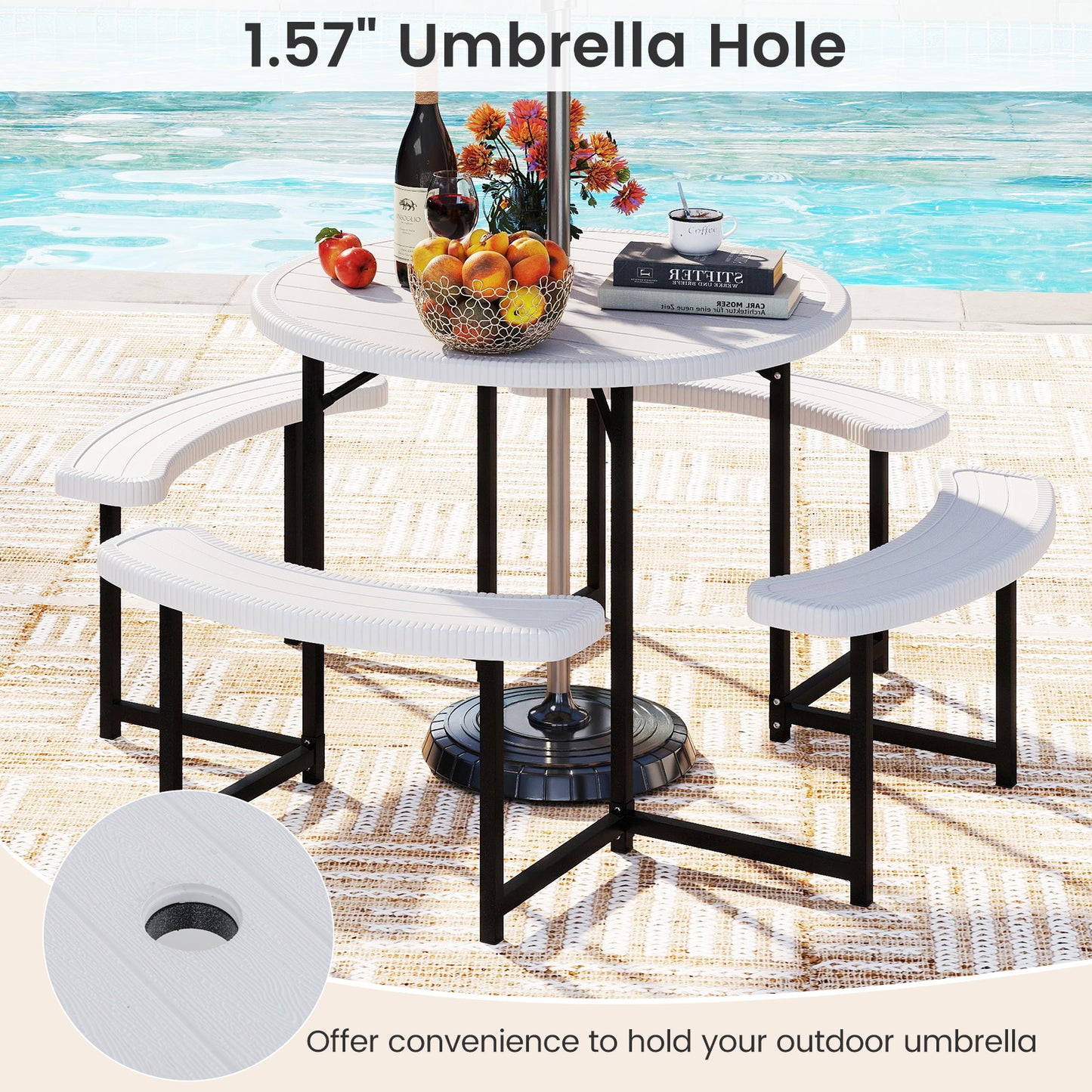 Round Picnic Table Bench Set with 4 Benches and Umbrella Hole for Patio Lawn-White
