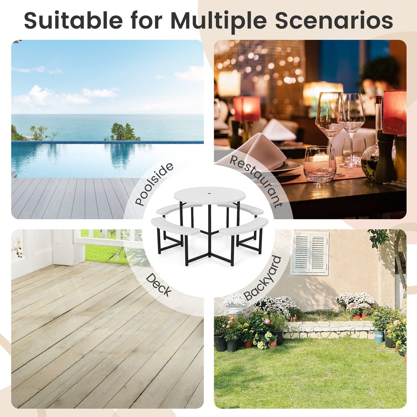 Round Picnic Table Bench Set with 4 Benches and Umbrella Hole for Patio Lawn-White Kids Crystal