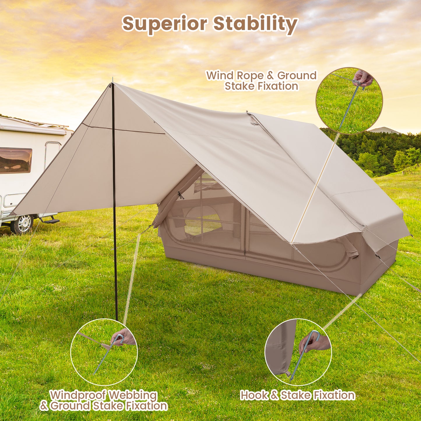 4-6 People Inflatable Camping Tent with Porch and Carrying Bag-Beige Kids Crystal