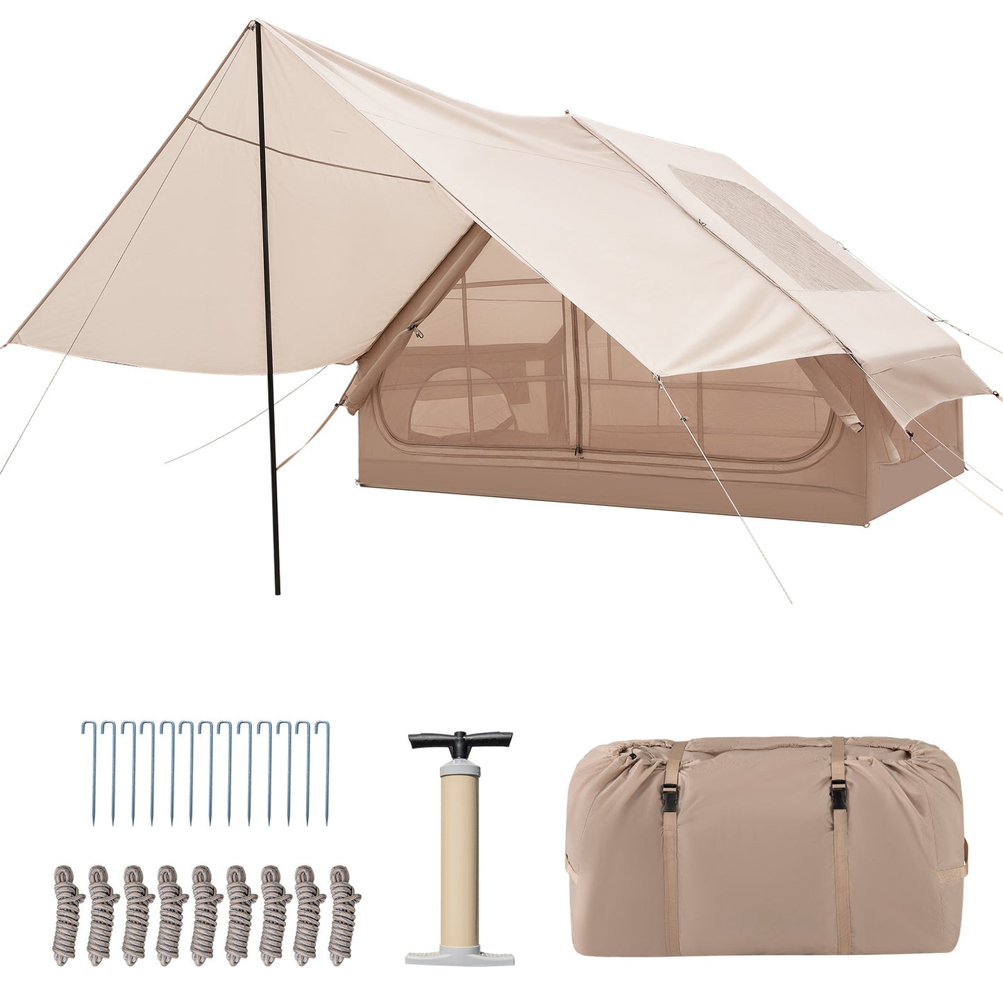 4-6 People Inflatable Camping Tent with Porch and Carrying Bag-Beige Kids Crystal