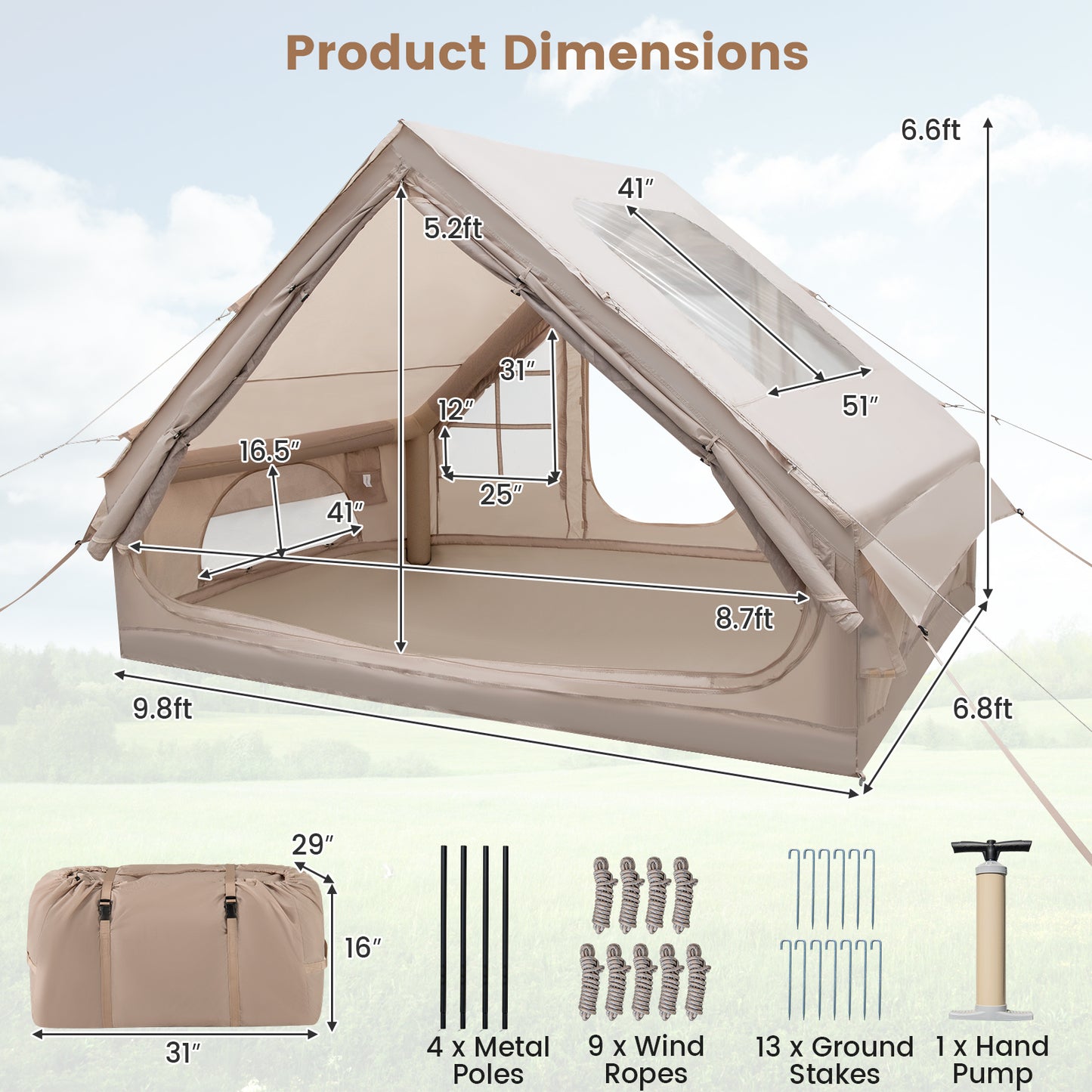 4-6 People Inflatable Camping Tent with Porch and Carrying Bag-Beige Kids Crystal