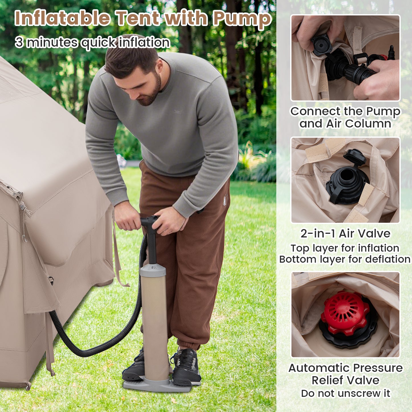 4-6 People Inflatable Camping Tent with Porch and Carrying Bag-Beige Kids Crystal