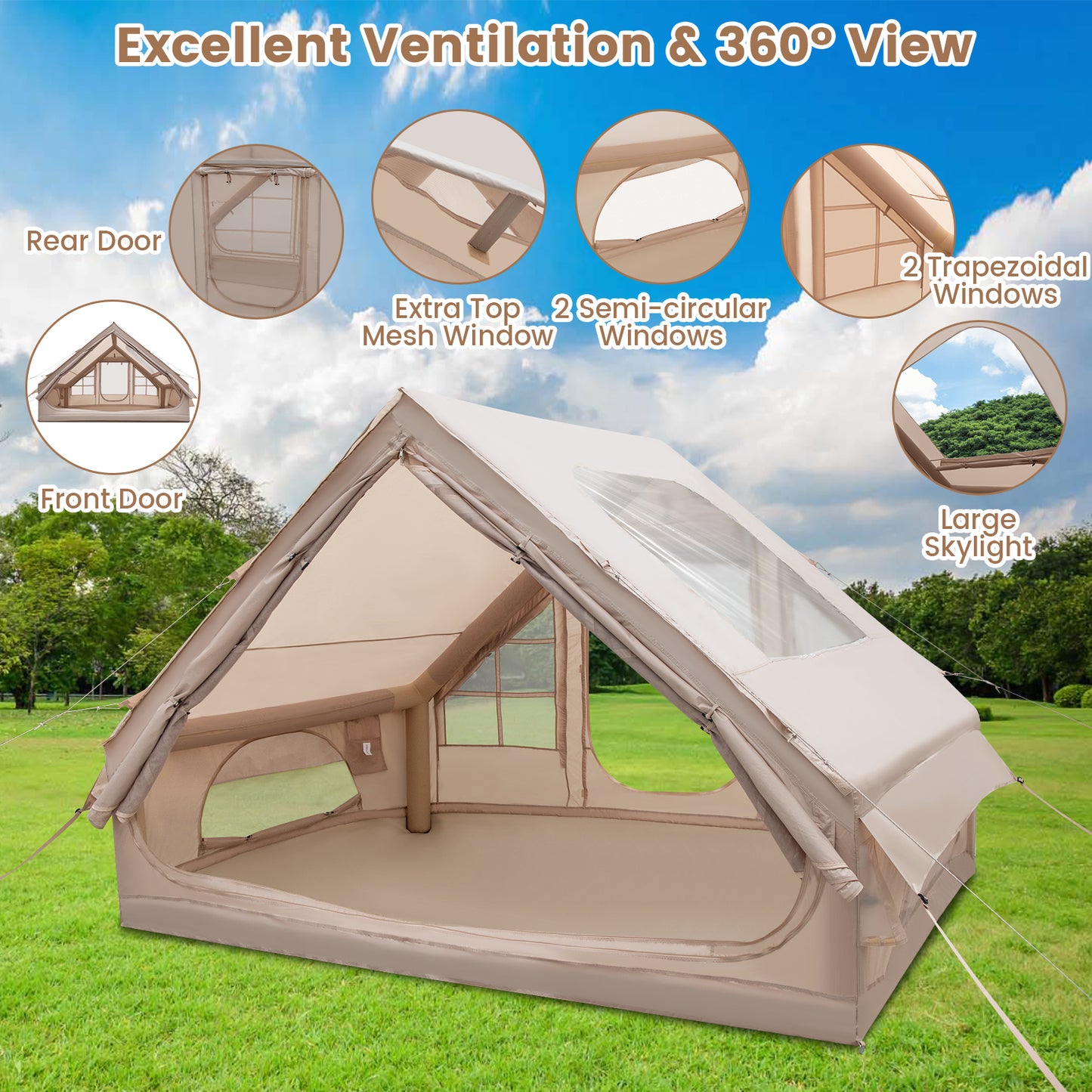 4-6 People Inflatable Camping Tent with Porch and Carrying Bag-Beige Kids Crystal