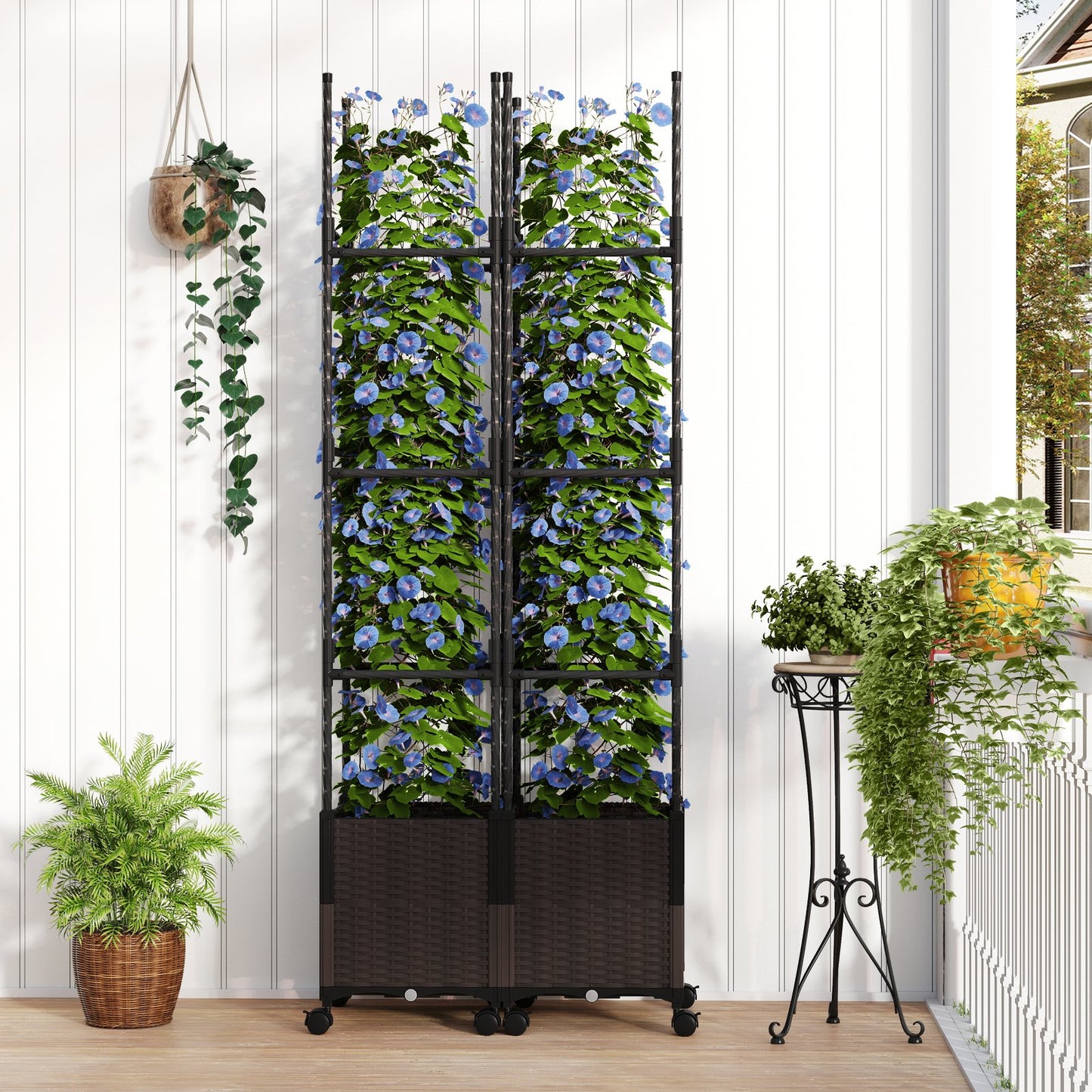 87 Inch Tall Raised Garden Bed with Plant Box Trellis and Lockable Wheels Adjustable Height Kids Crystal