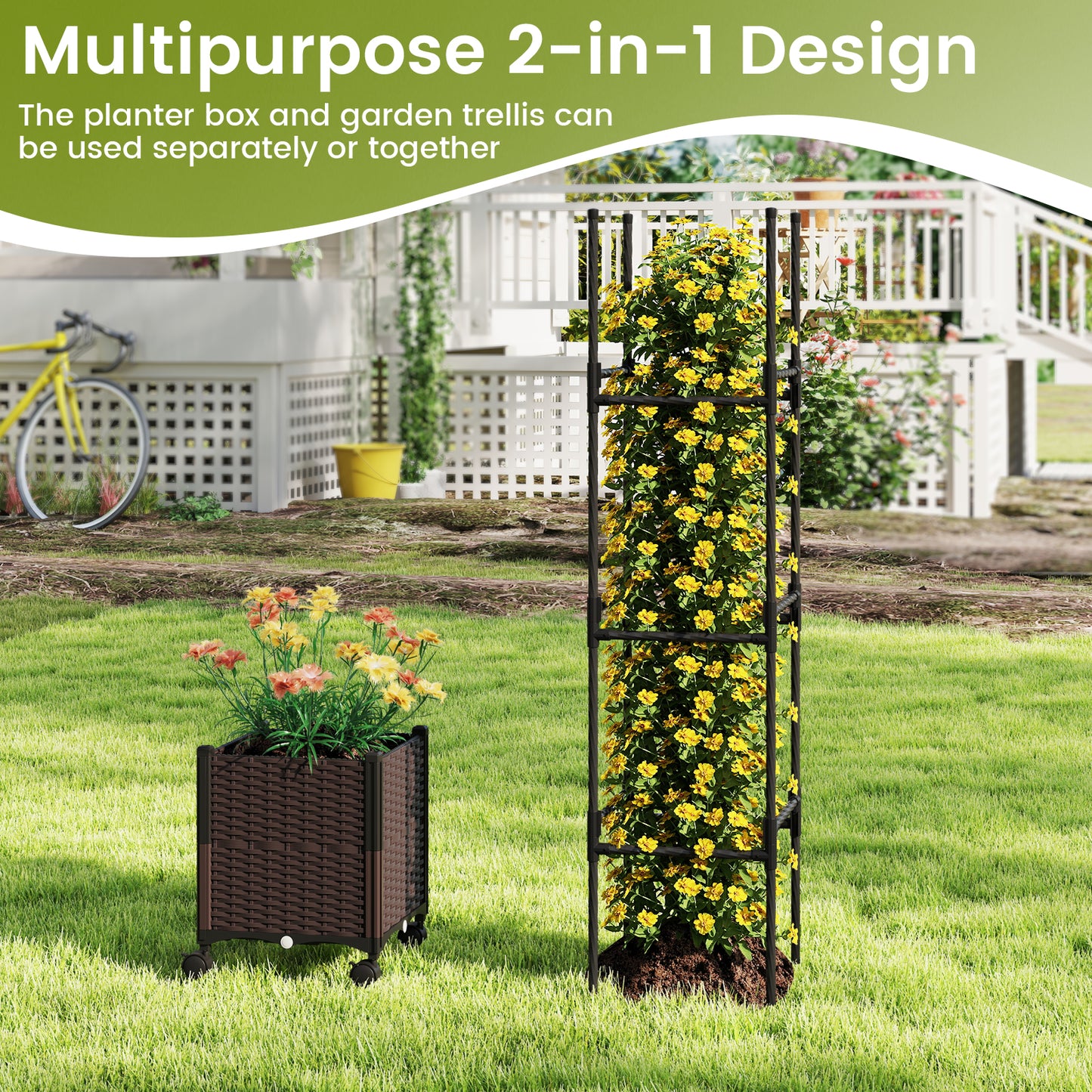 87 Inch Tall Raised Garden Bed with Plant Box Trellis and Lockable Wheels Adjustable Height Kids Crystal
