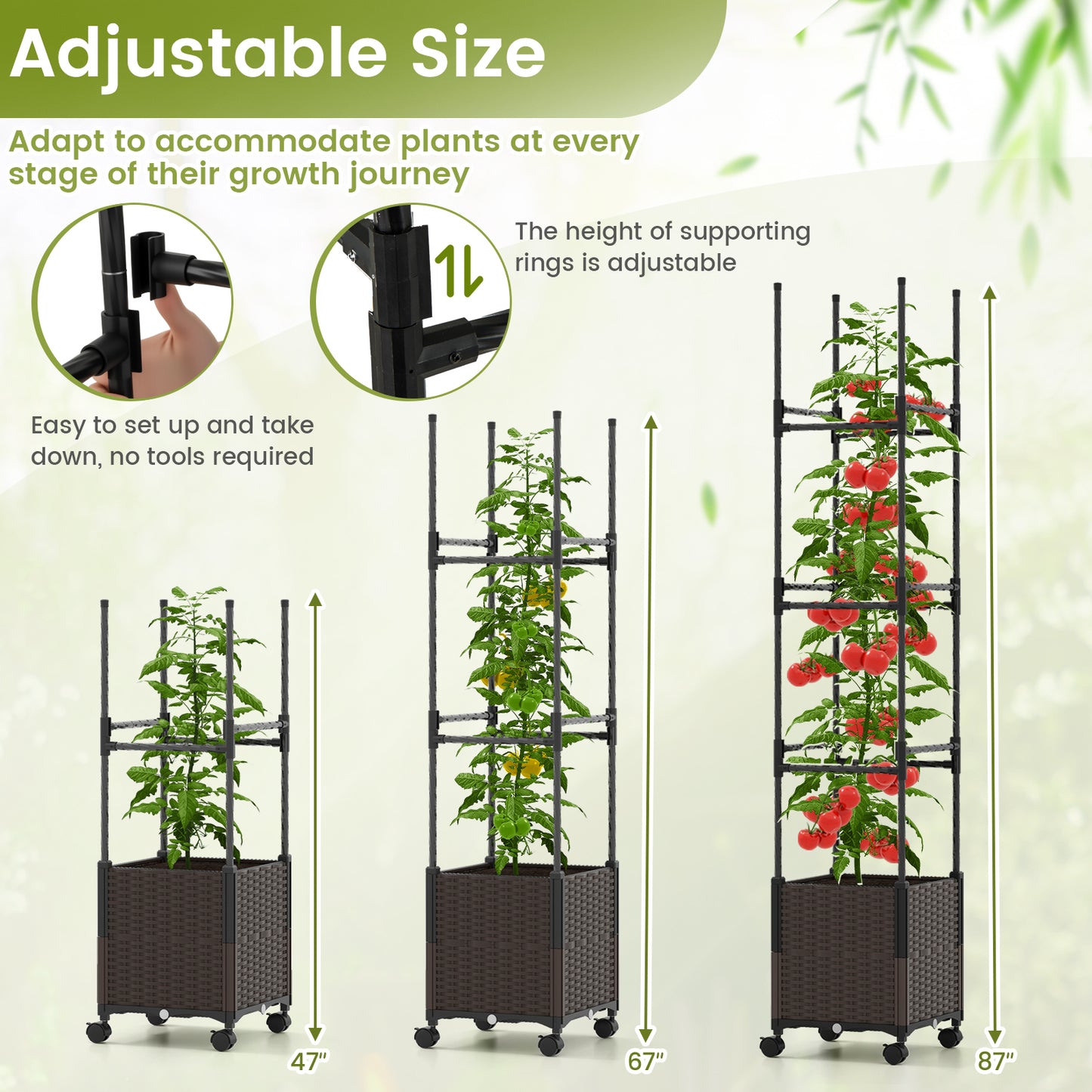 87 Inch Tall Raised Garden Bed with Plant Box Trellis and Lockable Wheels Adjustable Height Kids Crystal