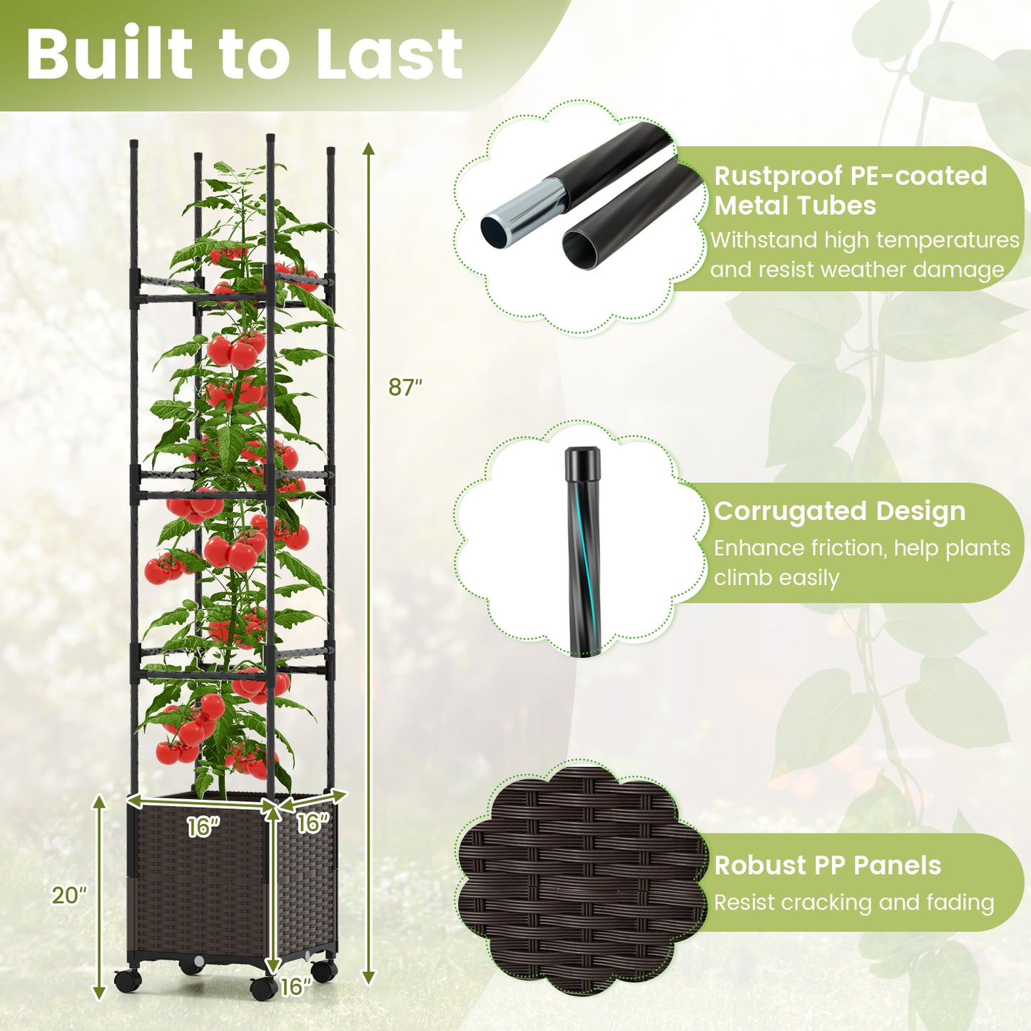 87 Inch Tall Raised Garden Bed with Plant Box Trellis and Lockable Wheels Adjustable Height Kids Crystal
