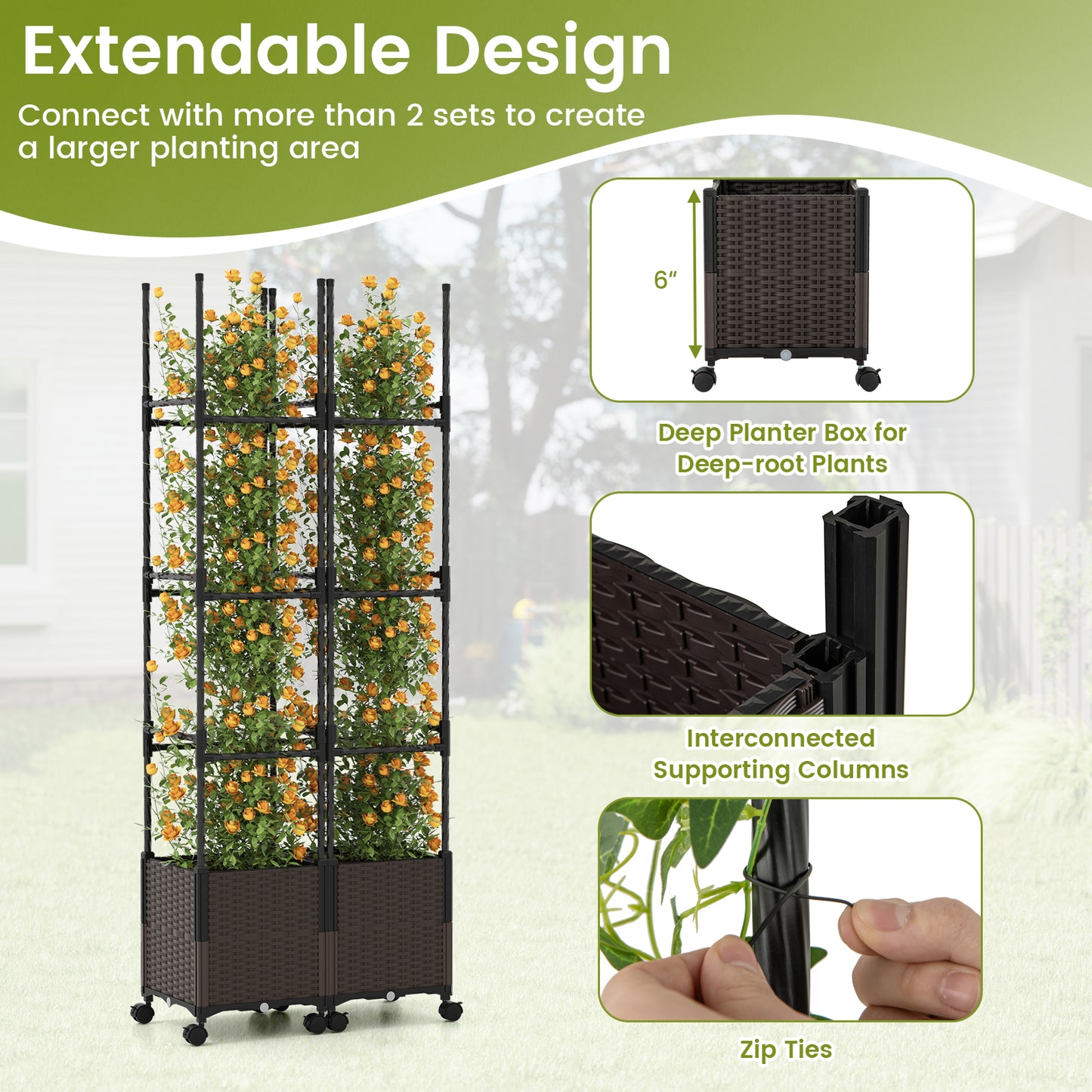 87 Inch Tall Raised Garden Bed with Plant Box Trellis and Lockable Wheels Adjustable Height Kids Crystal