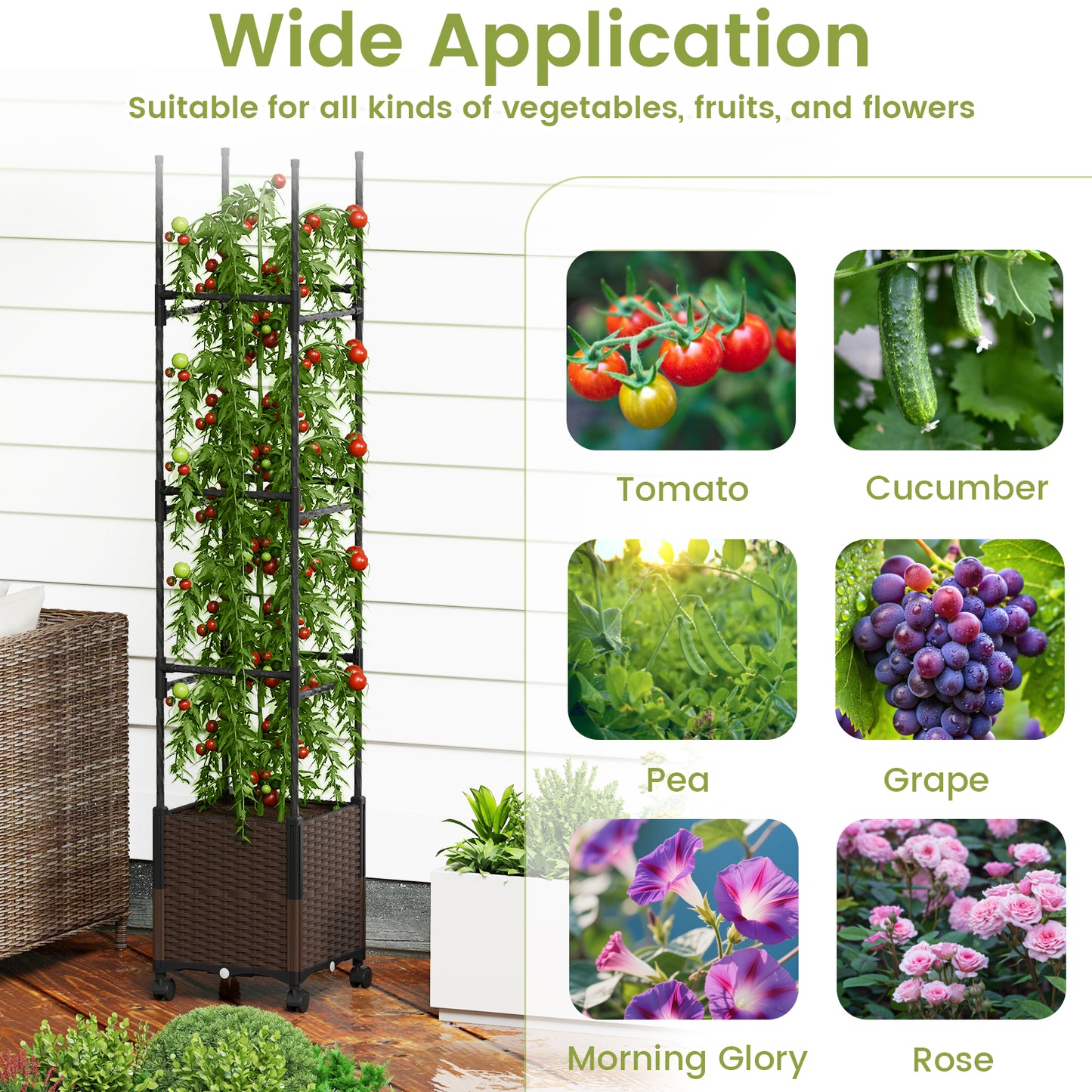 87 Inch Tall Raised Garden Bed with Plant Box Trellis and Lockable Wheels Adjustable Height Kids Crystal