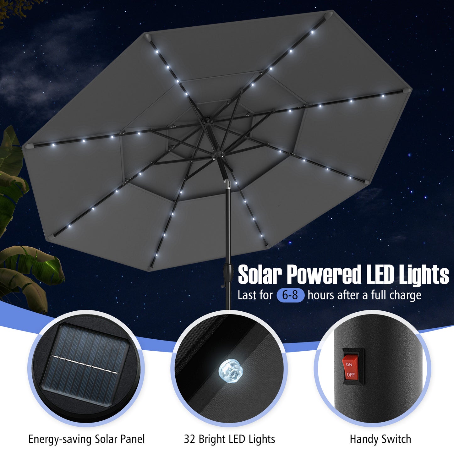 10 Feet Solar Patio Umbrella with 32 LED Lights 3-Tier Vented Top-Gray