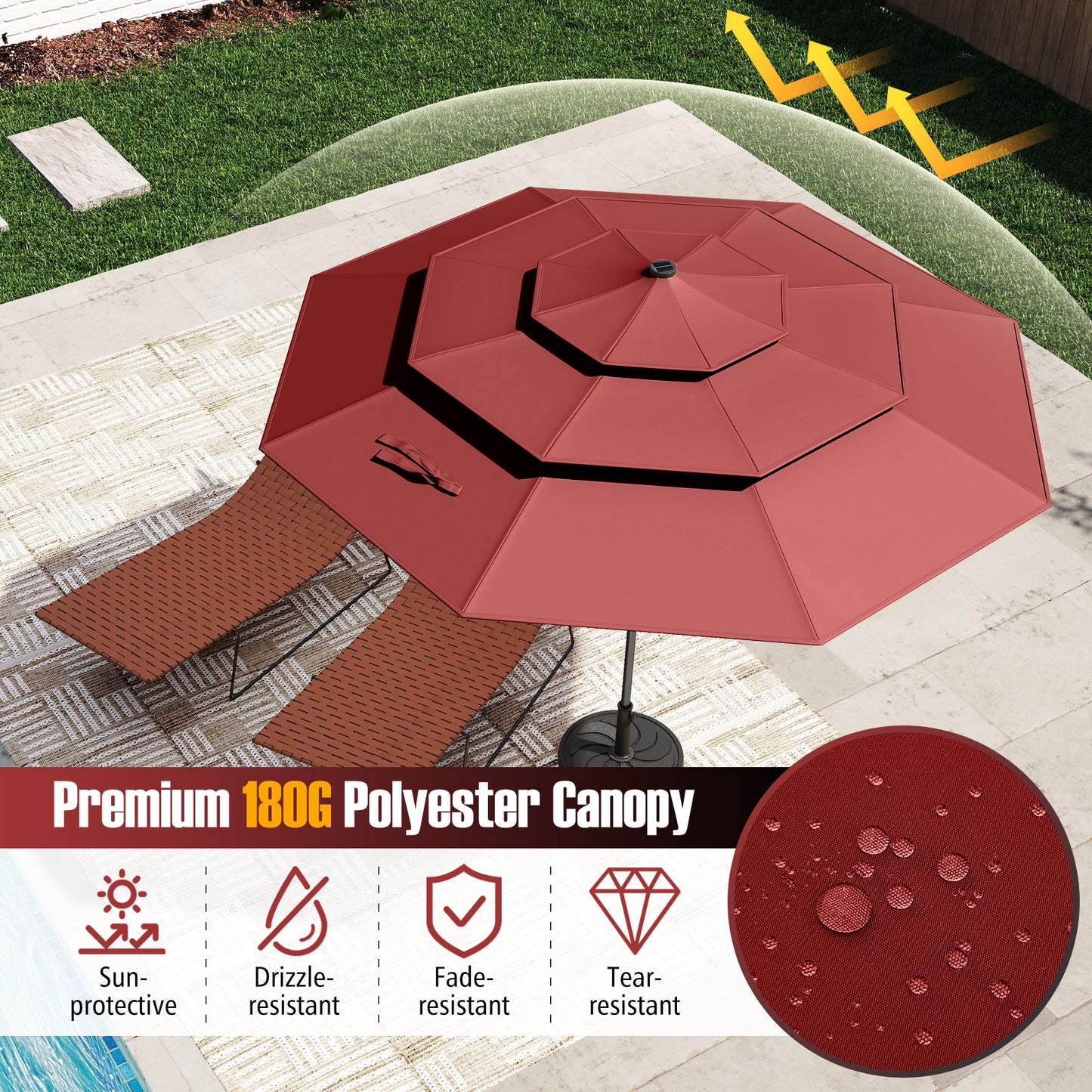10 Feet Solar Patio Umbrella with 32 LED Lights 3-Tier Vented Top-Wine