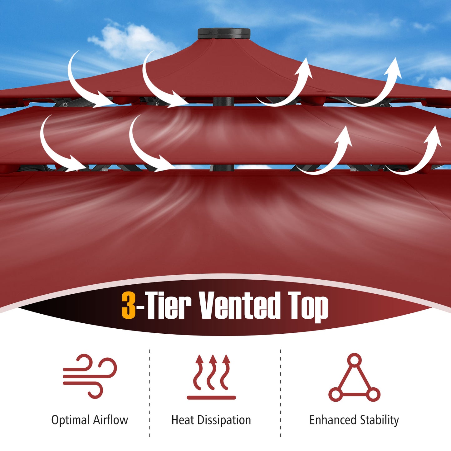 10 Feet Solar Patio Umbrella with 32 LED Lights 3-Tier Vented Top-Wine