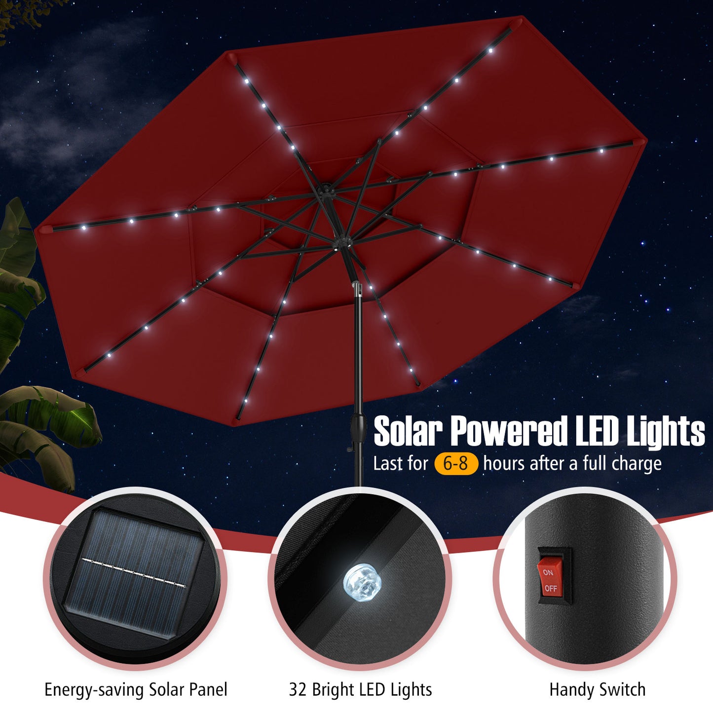 10 Feet Solar Patio Umbrella with 32 LED Lights 3-Tier Vented Top-Wine