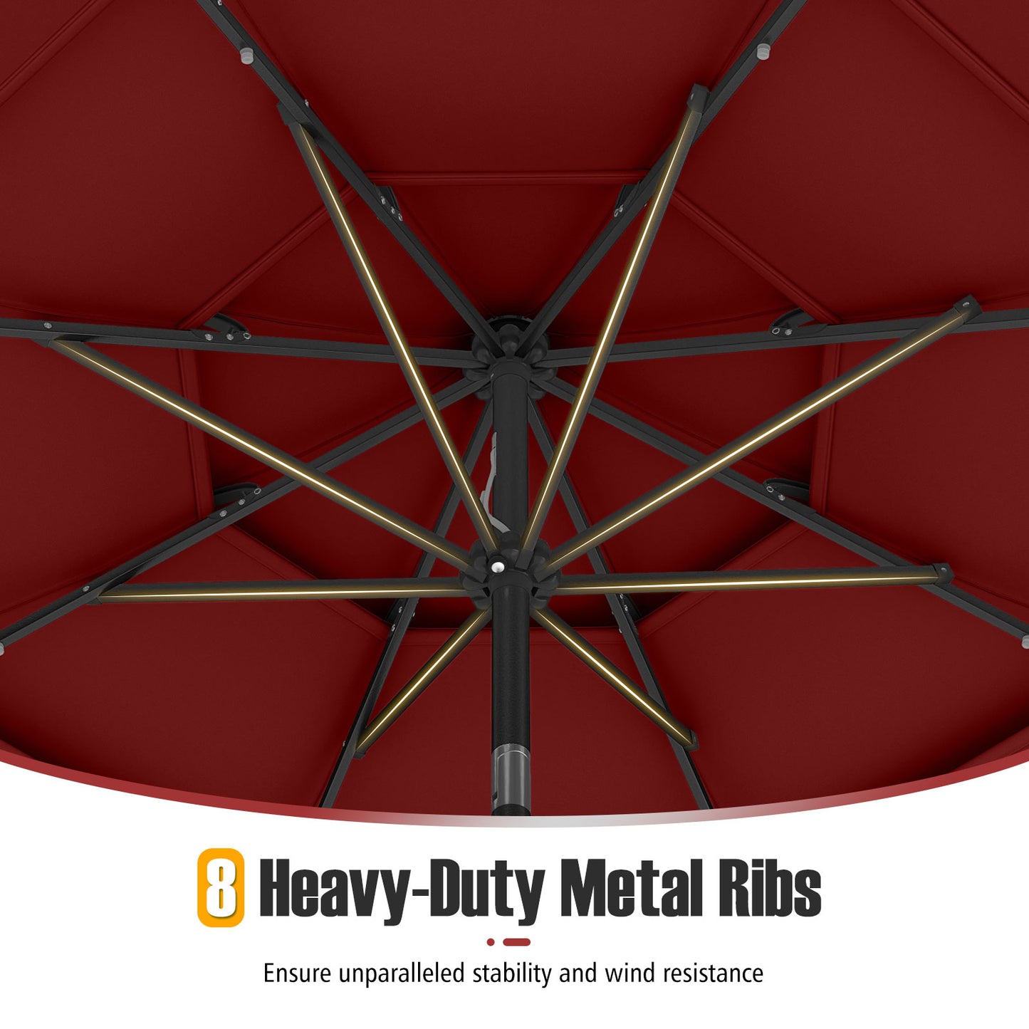 10 Feet Solar Patio Umbrella with 32 LED Lights 3-Tier Vented Top-Wine Kids Crystal