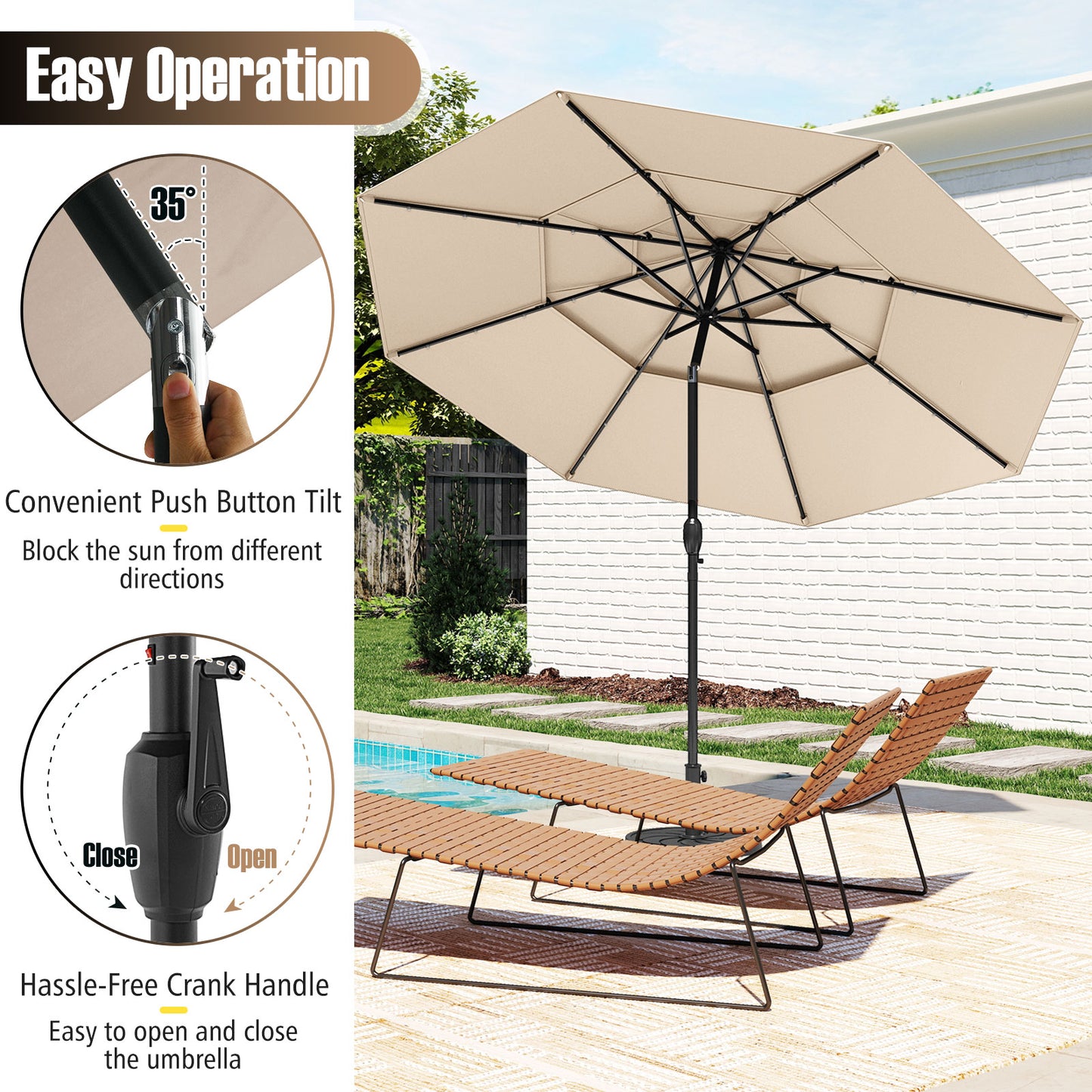 10 Feet Solar Patio Umbrella with 32 LED Lights 3-Tier Vented Top-Beige Kids Crystal