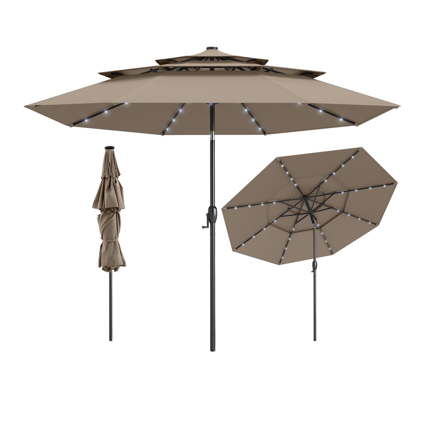 10 Feet Solar Patio Umbrella with 32 LED Lights 3-Tier Vented Top-Taupe Kids Crystal