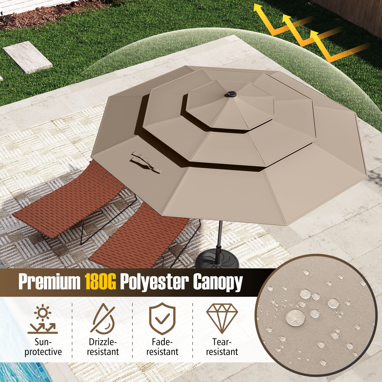 10 Feet Solar Patio Umbrella with 32 LED Lights 3-Tier Vented Top-Taupe Kids Crystal