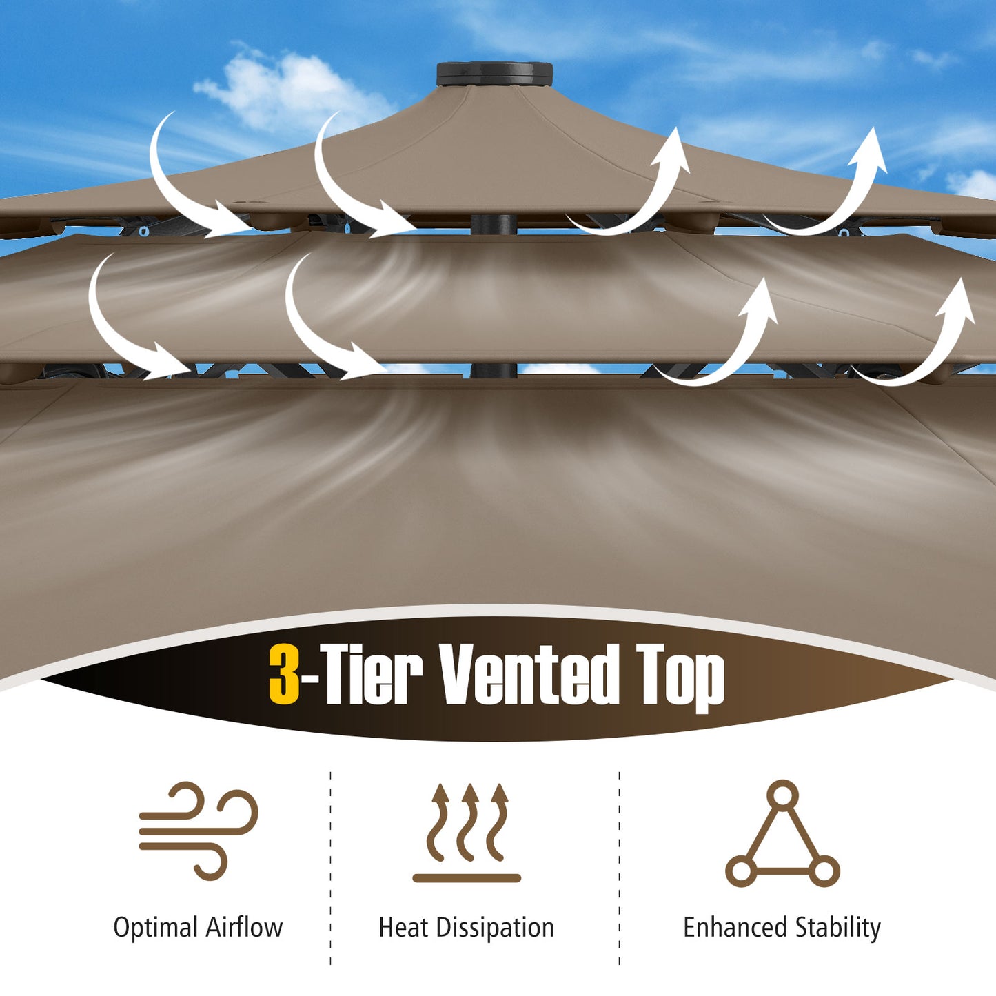 10 Feet Solar Patio Umbrella with 32 LED Lights 3-Tier Vented Top-Taupe Kids Crystal
